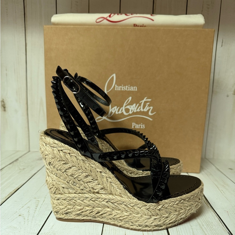 Christian Louboutin Mafaldina Spike Platform Espadrille Wedge Black Sz 36 - Picture 3 of 16